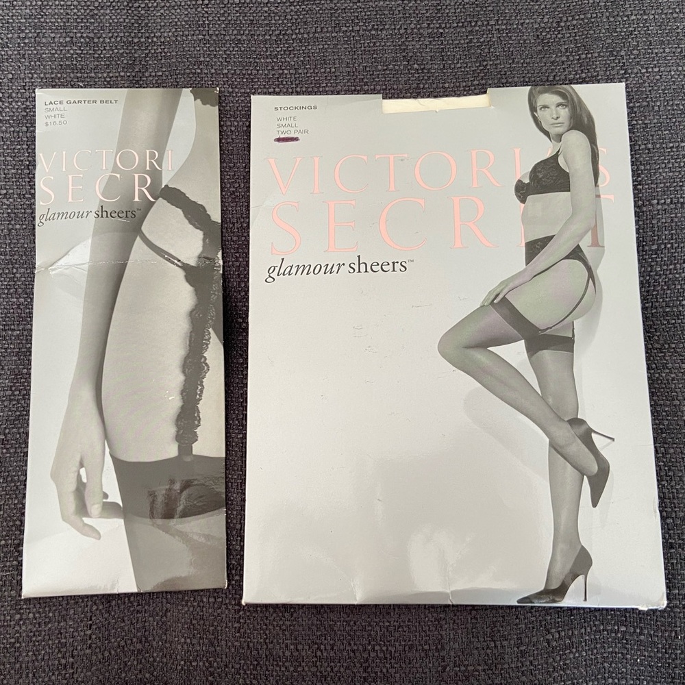 Victoria’s Secret stockings (2 pair) and matching white lace garter belt. Small.